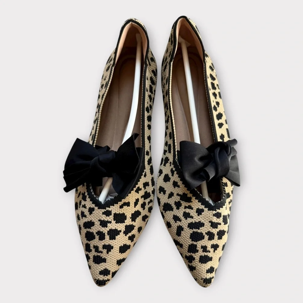 New! Breathable Mesh Knit Ballet Flat Bow Pointed Toe Slip On Leopard Shoes